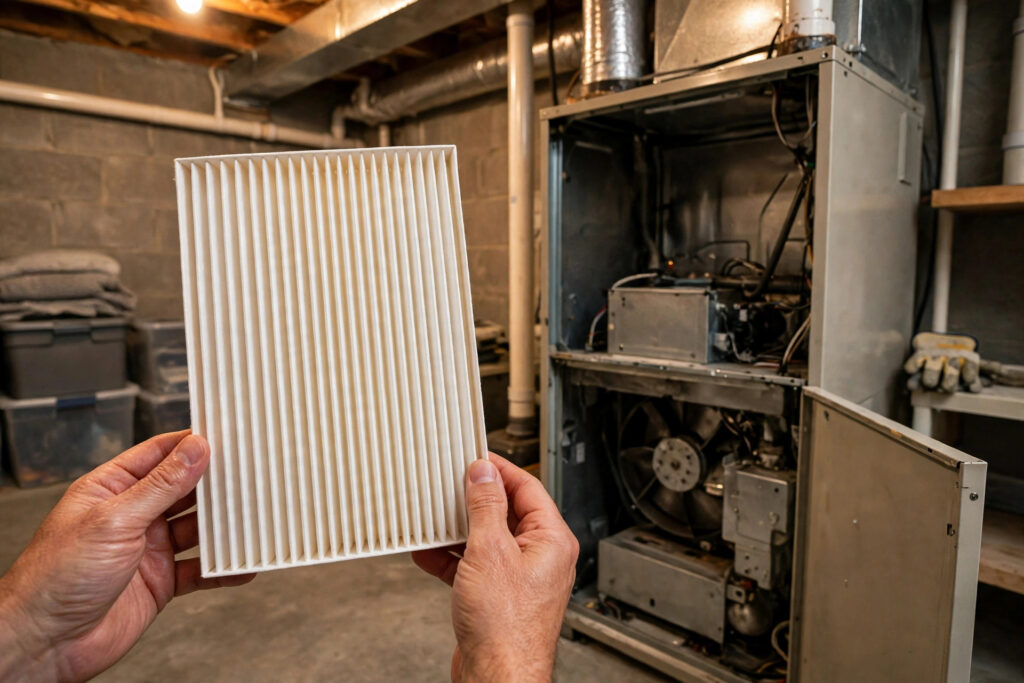 Hands holding a new pleated furnace filter beside an open home furnace in a tidy basement
