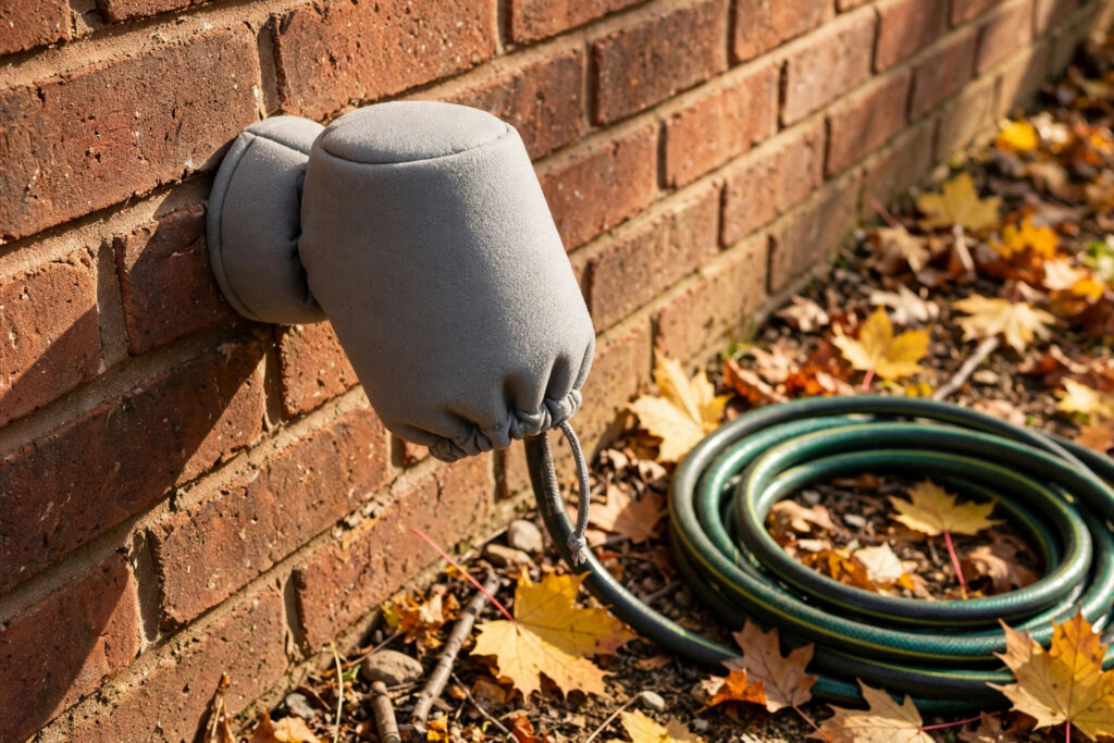 Outdoor faucet on a brick house wall fitted with a gray insulated foam faucet cover, garden hose coiled nearby, autumn leaves